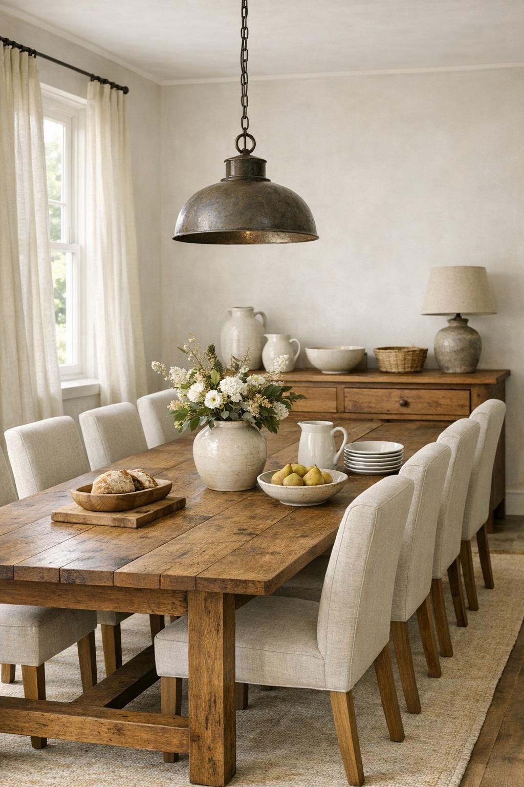 Farmhouse dining room with long wood table and flax upholstered chairs