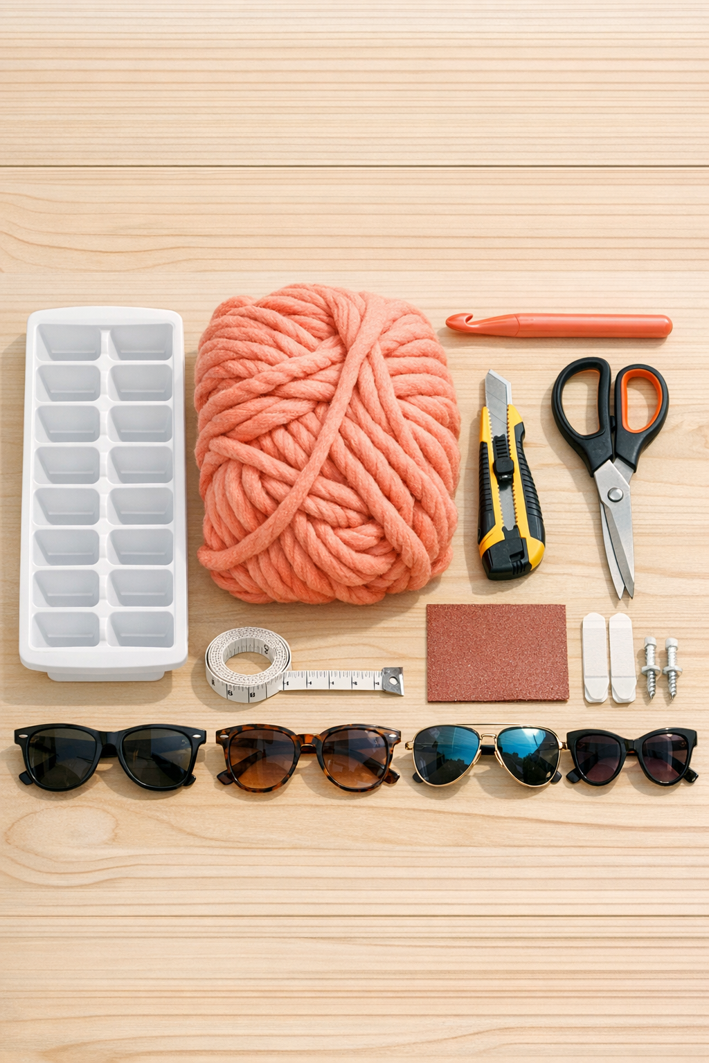 Materials for a crochet ice cube tray sunglass holder laid out on a table