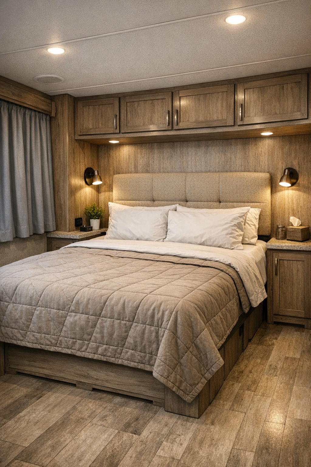 Accessible RV camper bedroom with oatmeal headboard and layered neutral bedding