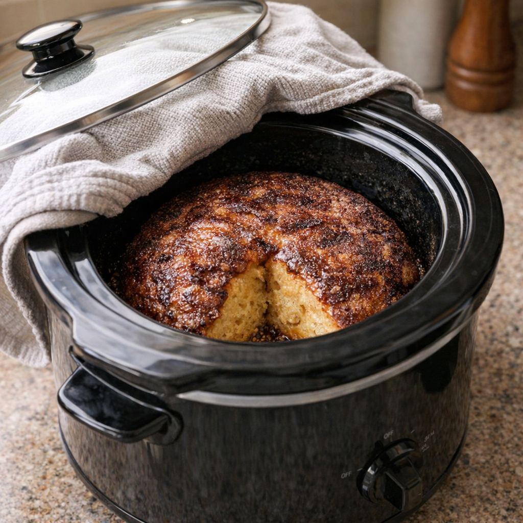 Slow cooker covered with a kitchen towel under the lid