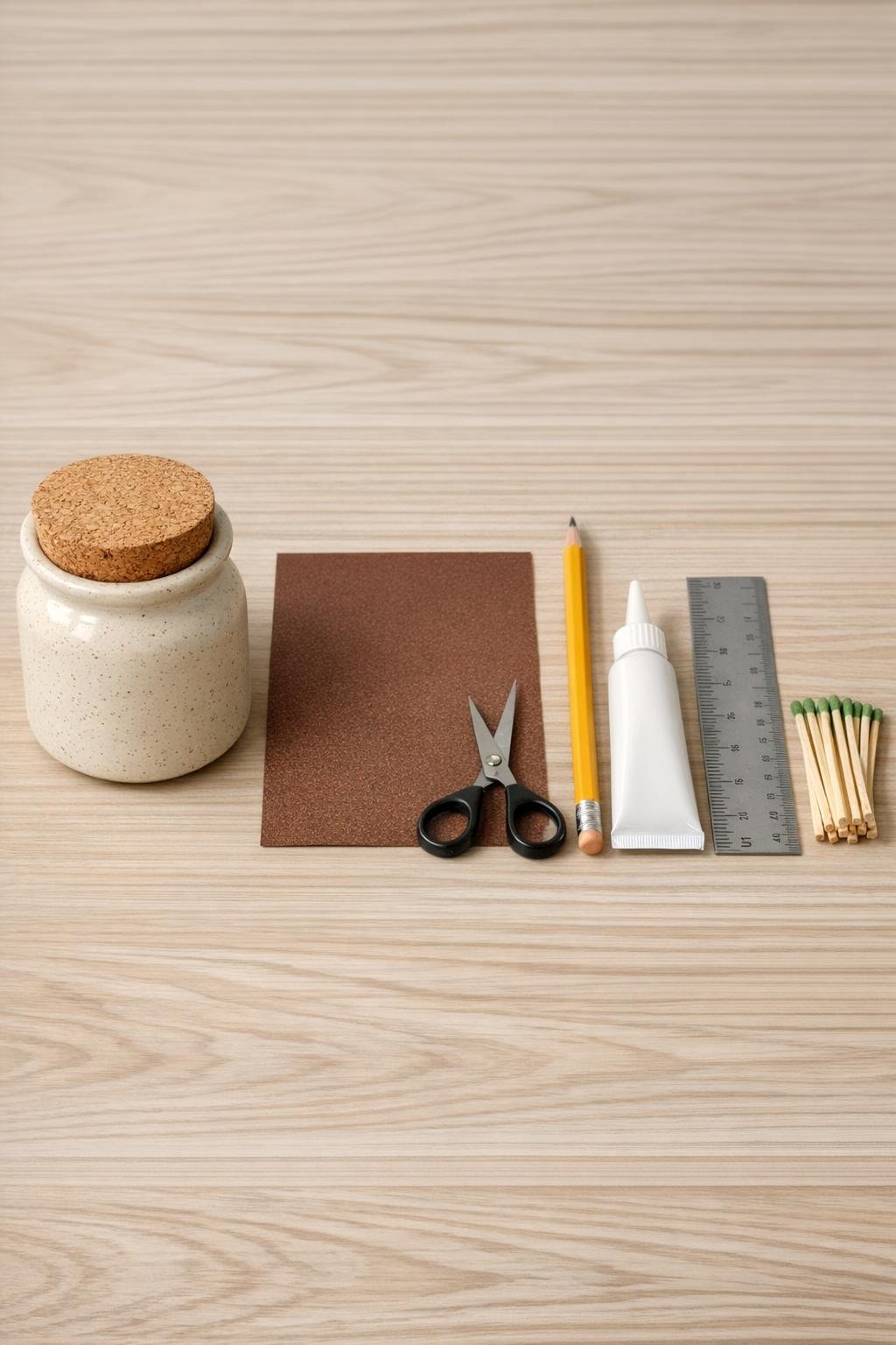 Materials for making a ceramic jar lid match striker laid out on a table