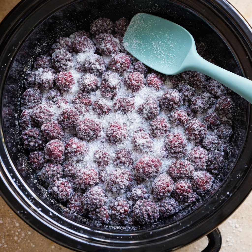 Frozen marionberries and sugar in a slow cooker crock