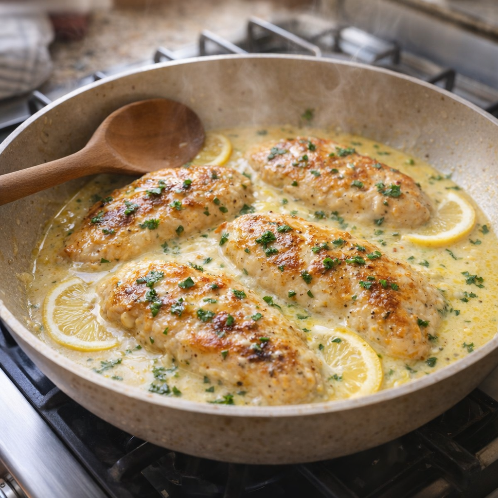 Skillet of creamy lemon chicken on a weeknight stove