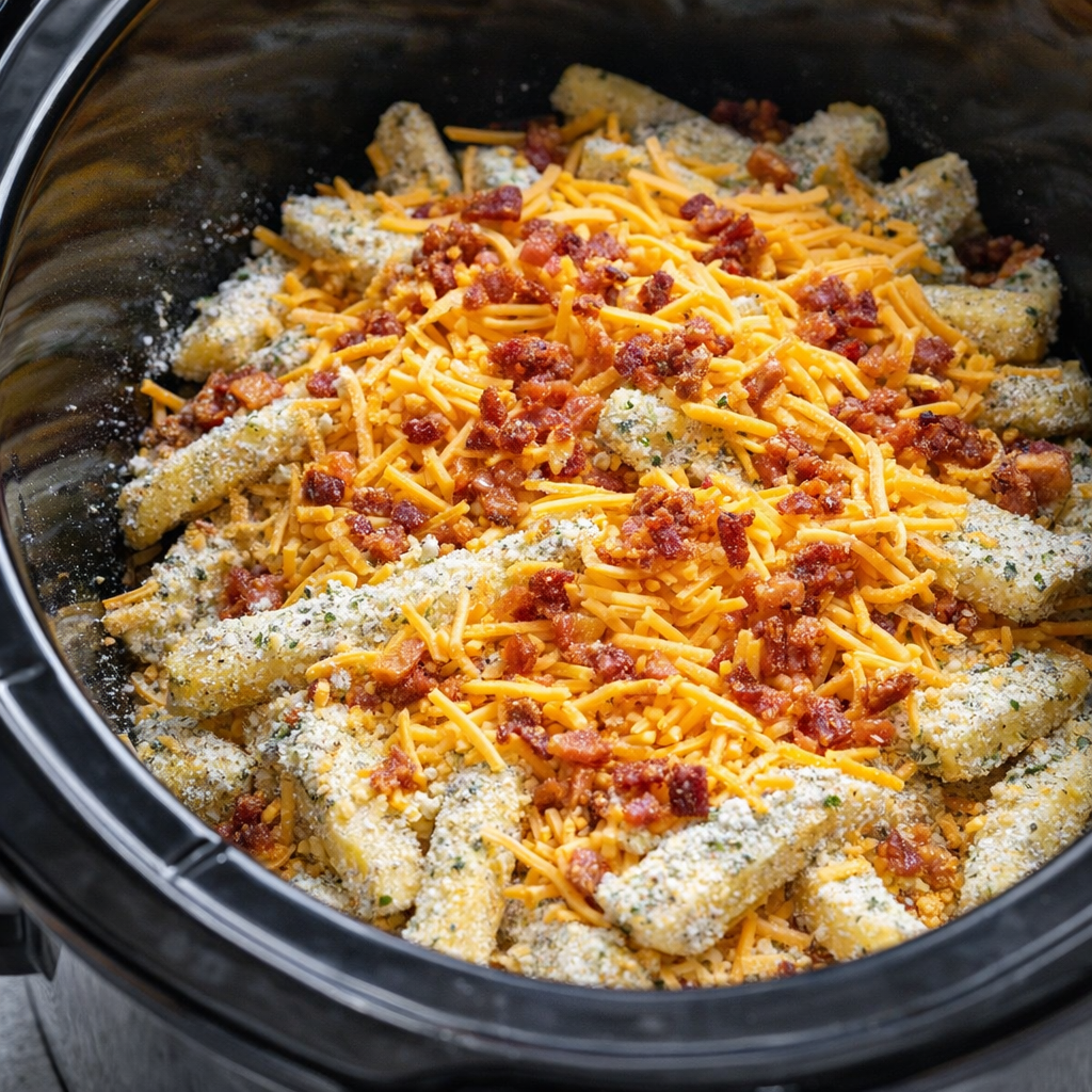 Layered fries with ranch seasoning, cheddar, and bacon before cooking