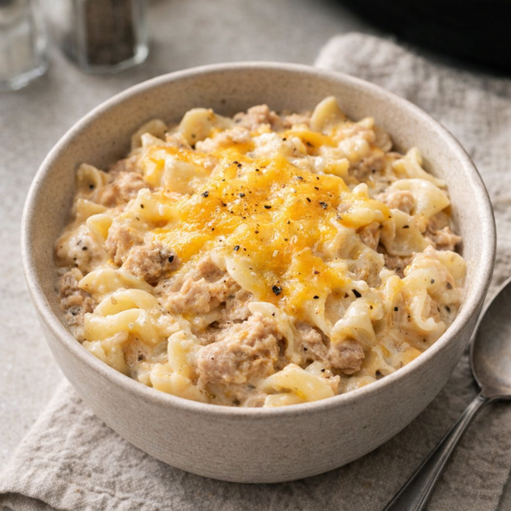 Slow cooker tuna casserole served in a ceramic bowl