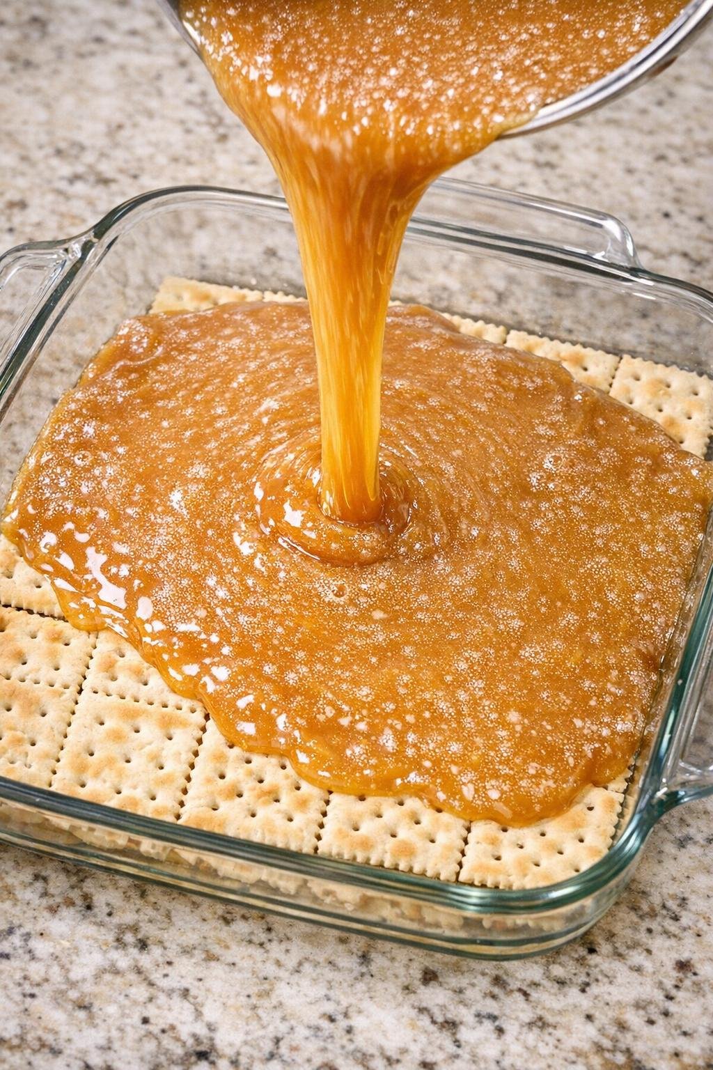 Hot toffee poured over soda crackers