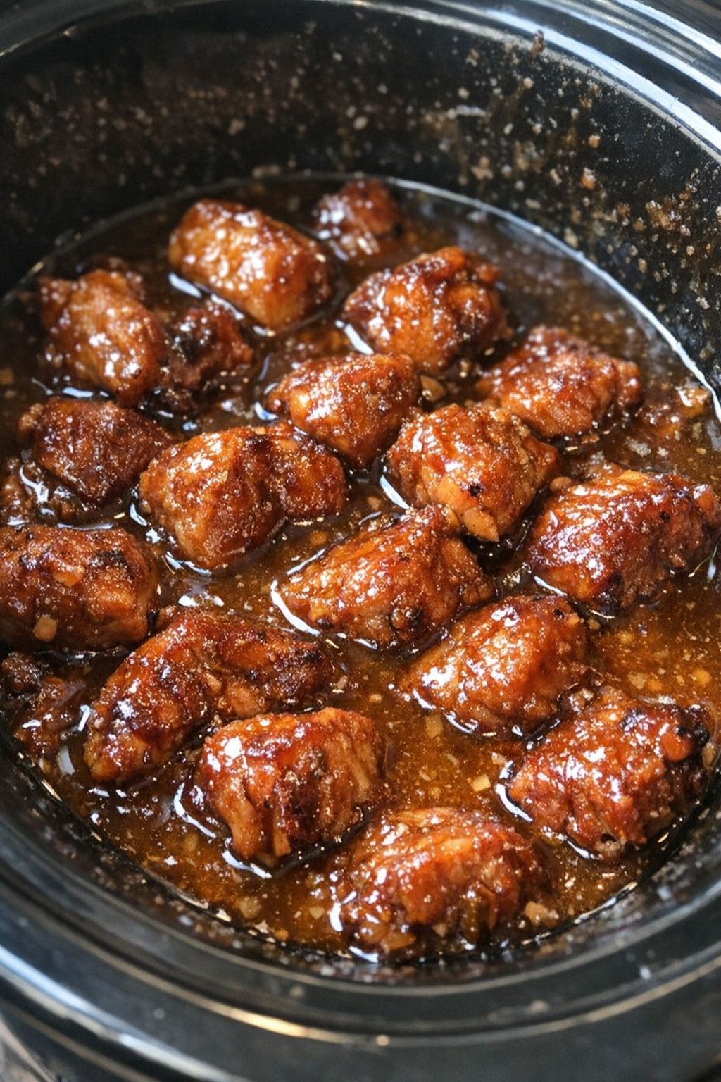 Caramelized protein hunks in golden-brown sauce in a slow cooker