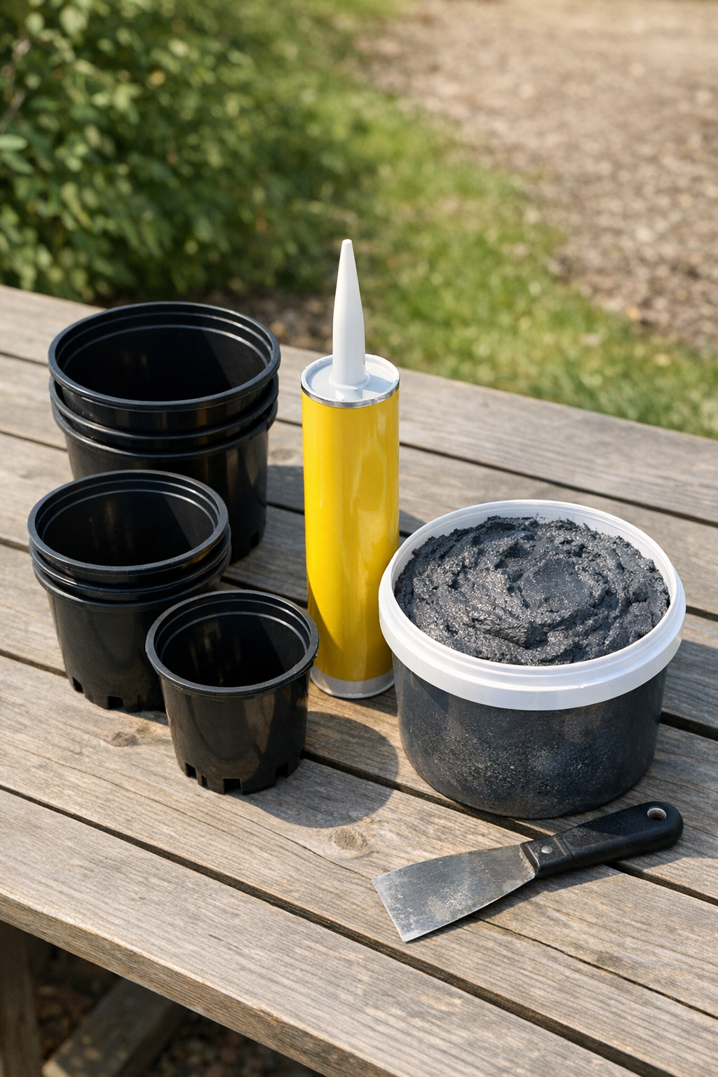 Materials for faux slate outdoor panels laid out on a table