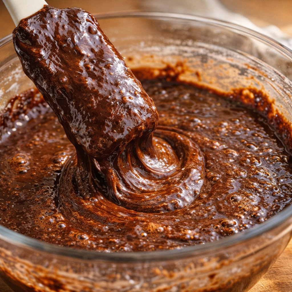 Thick chocolate batter being stirred in a bowl