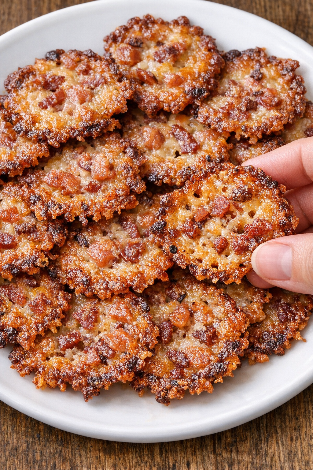 Finished bacon Kensington crisps on a white serving platter