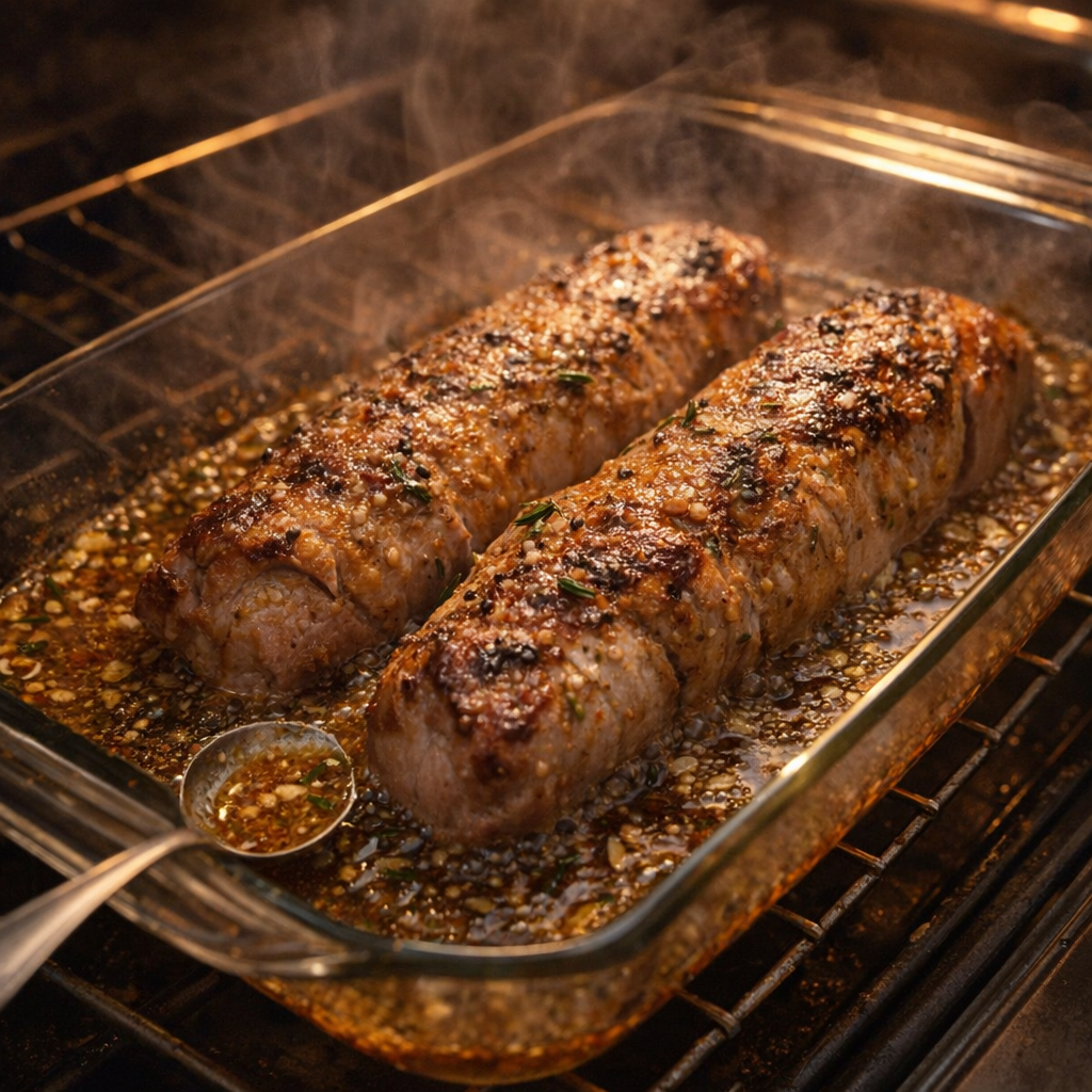 Pork tenderloin roasting in a baking dish with bubbling sauce