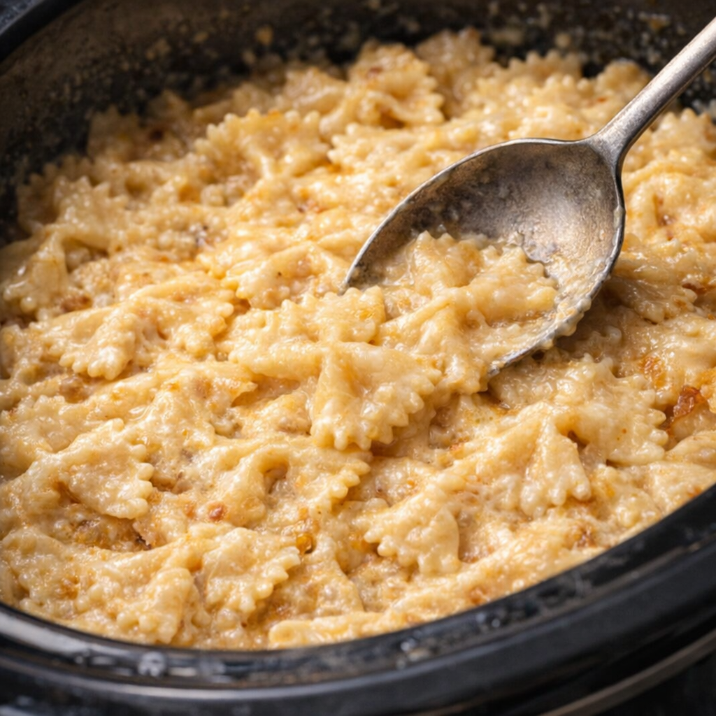Creamy farfalle being smoothed in the slow cooker