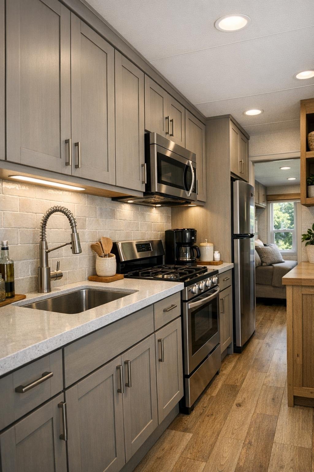 Compact galley kitchen with greige cabinets, quartz counters, and soft tile backsplash