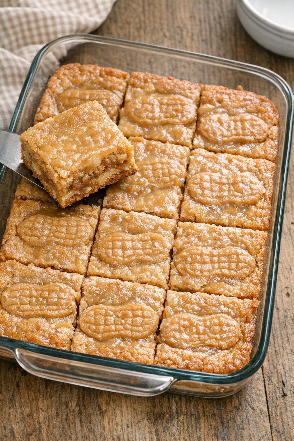 Finished peanut butter cookie bars in a glass baking dish