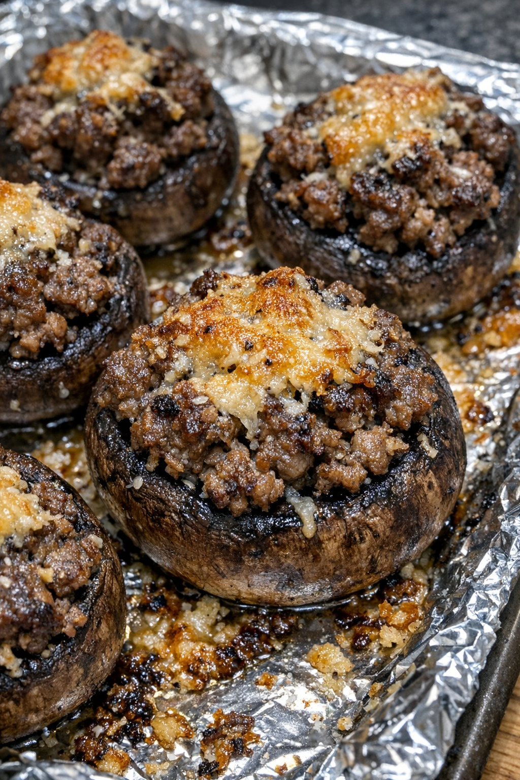 Oven baked beef stuffed mushrooms on a foil-lined baking sheet