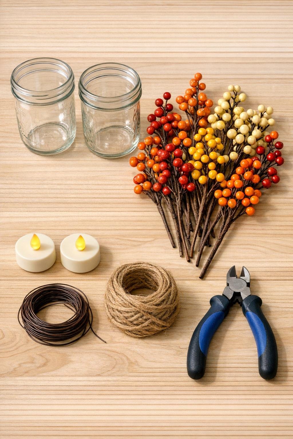 Materials for mason jar fall candle rings laid out together