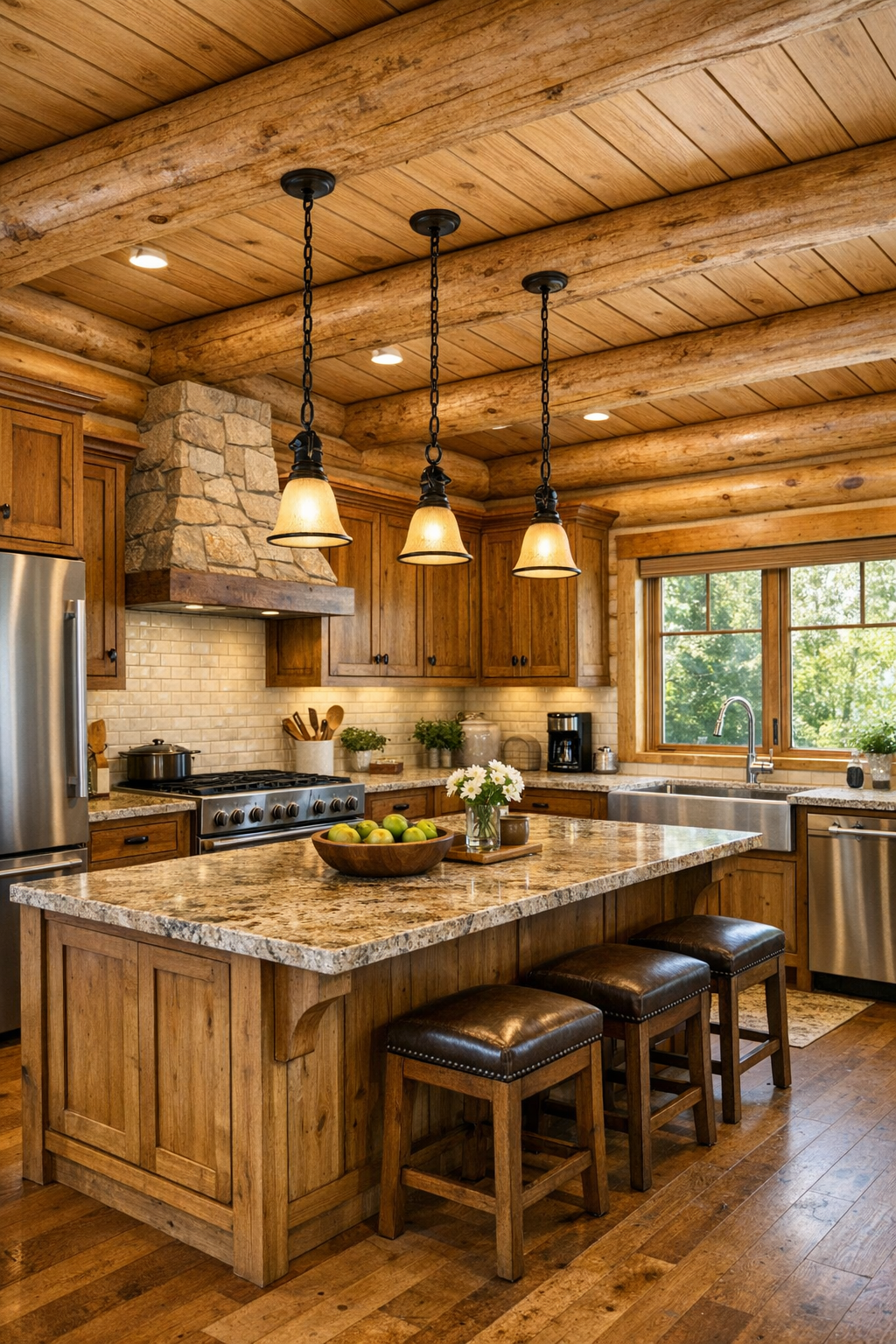Kitchen with custom wood cabinetry, stone countertops, and a large prep island