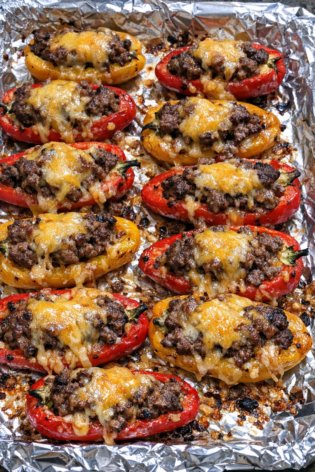Oven baked beef stuffed mini peppers on a foil-lined baking sheet