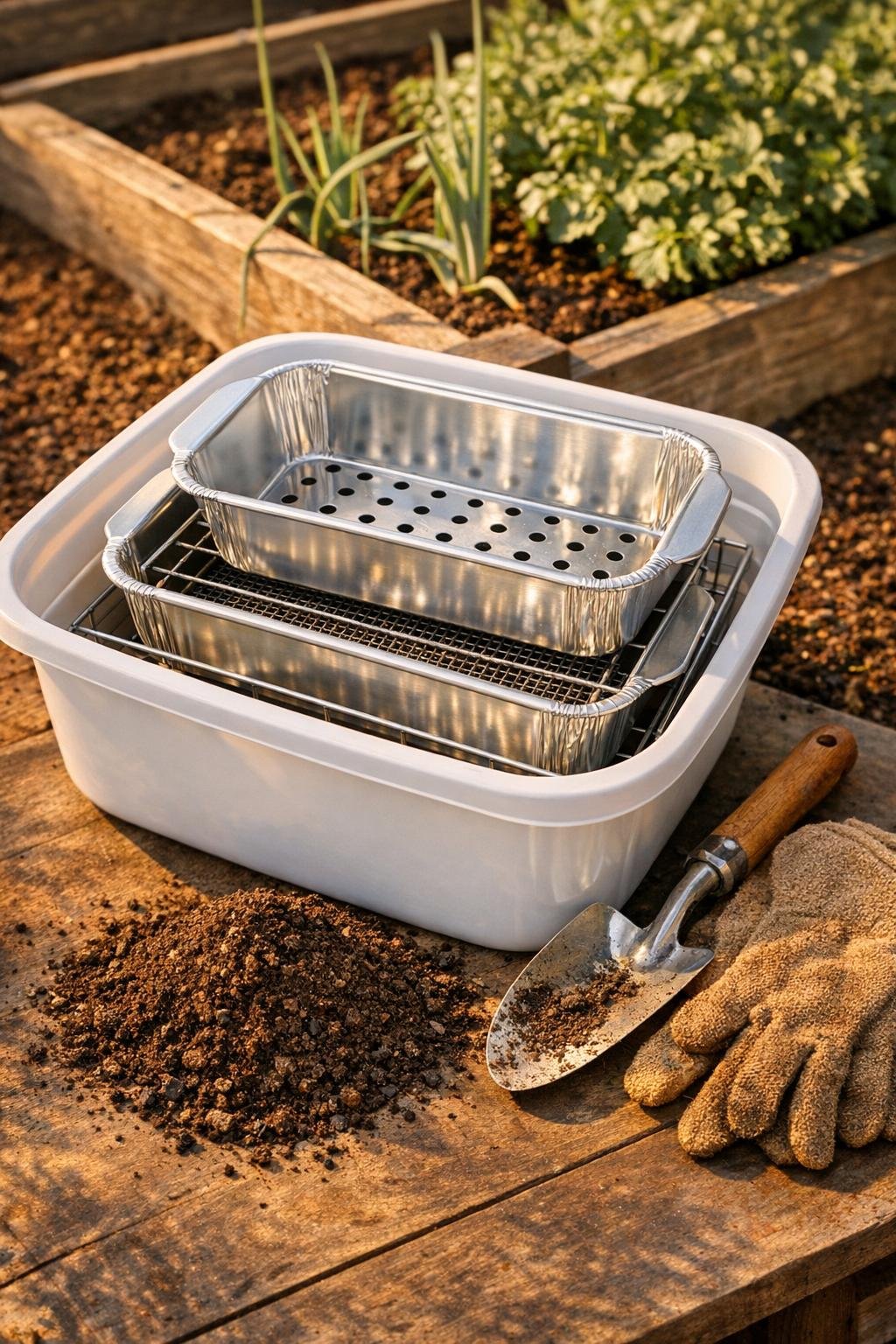 Finished stacked raised bed soil amendment sifter made from aluminum loaf pans