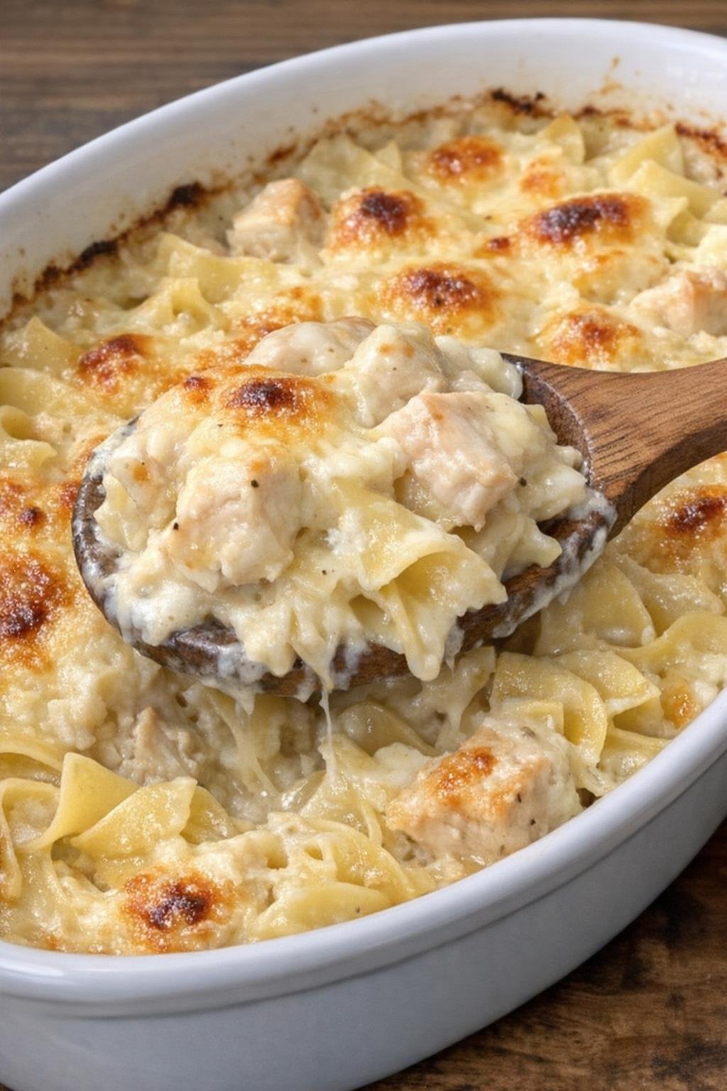 Creamy chicken Romanoff casserole in a white oval dish