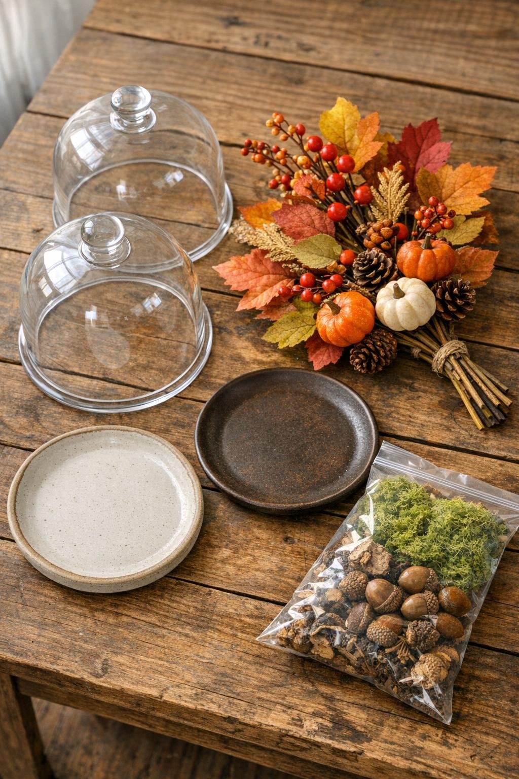 Materials for a DIY fall terrarium cloche laid out on a table