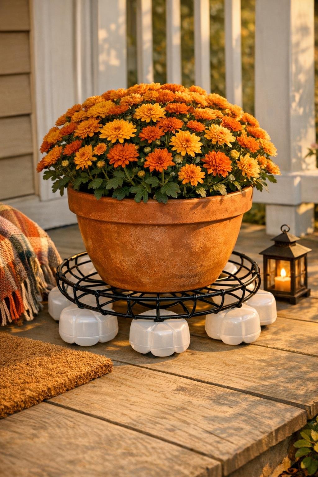 Finished rolling plant dolly made from milk jug bottoms and a hanging basket frame