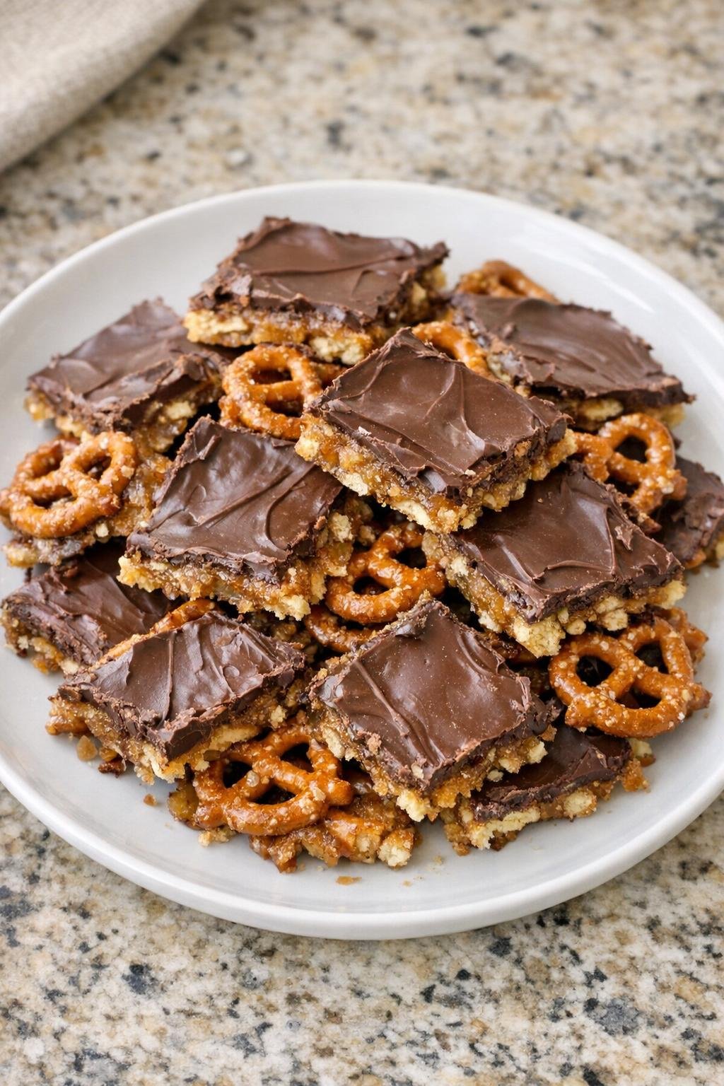 Finished pretzel toffee broken into pieces