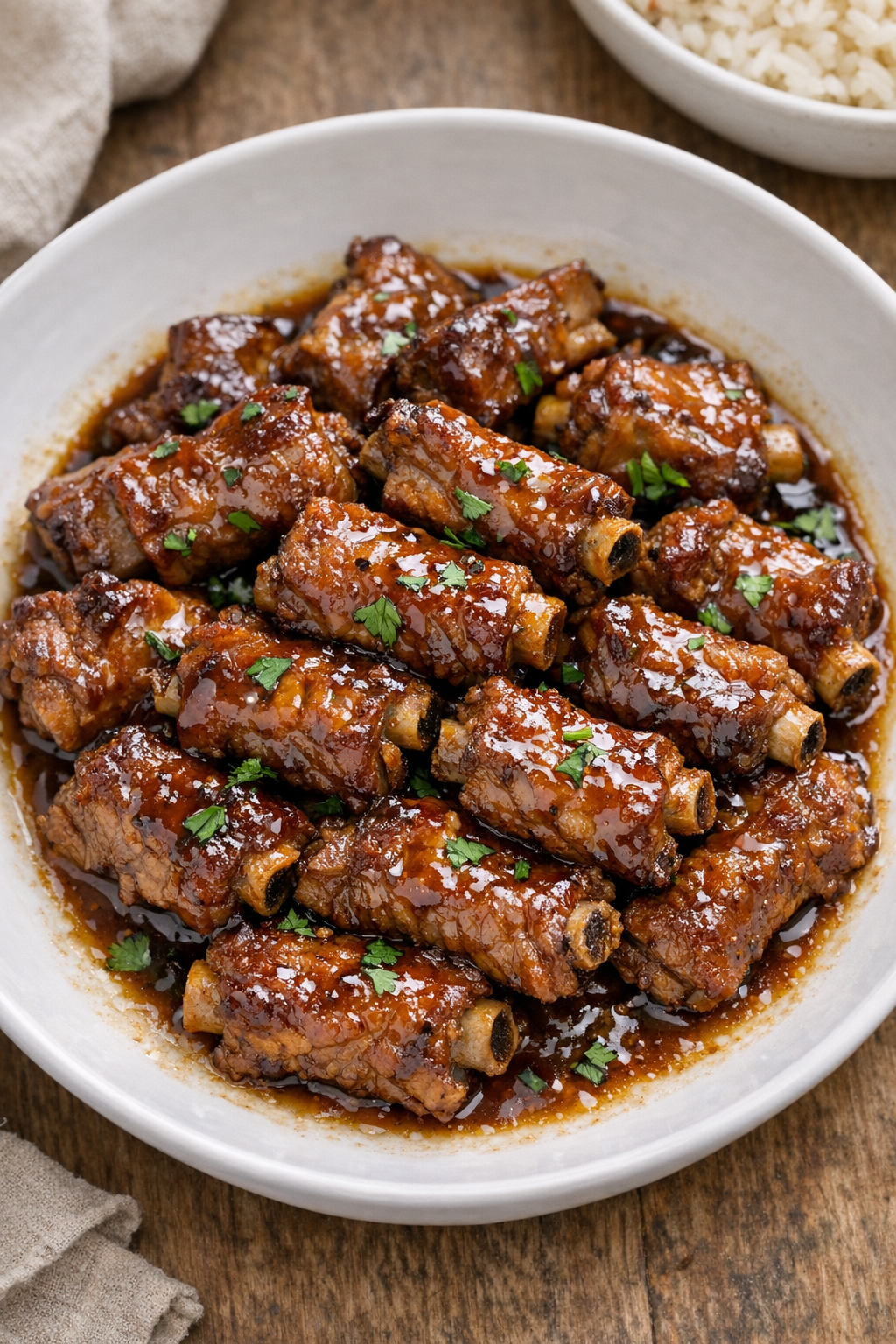 Finished slow cooker pork riblets plated with sauce