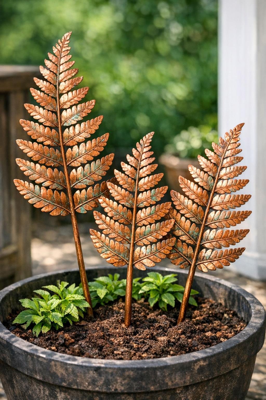 Finished weathered copper fern garden stakes displayed in a planter