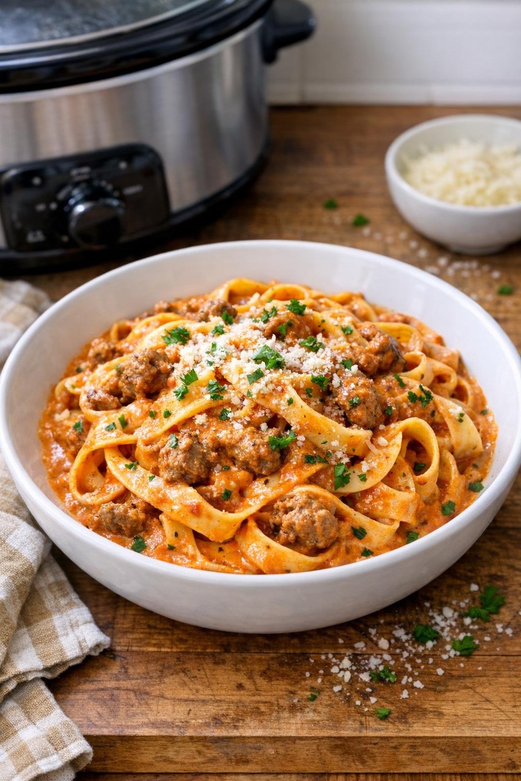Finished creamy slow cooker tagliatelle in a serving bowl