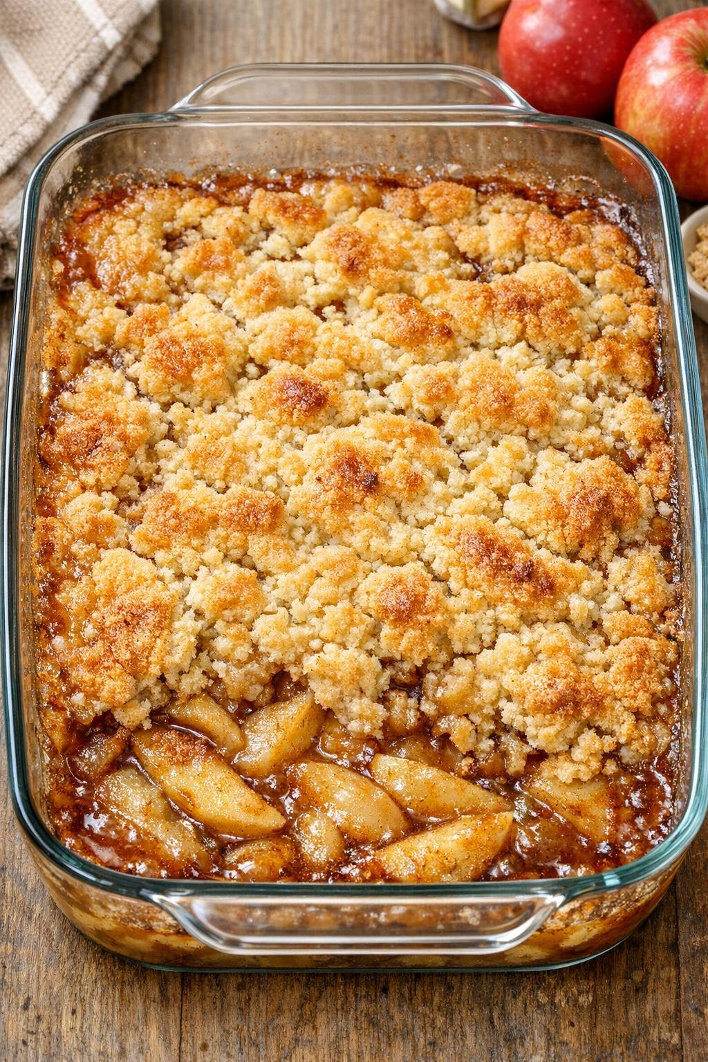 Warm baked apple dessert in a glass dish