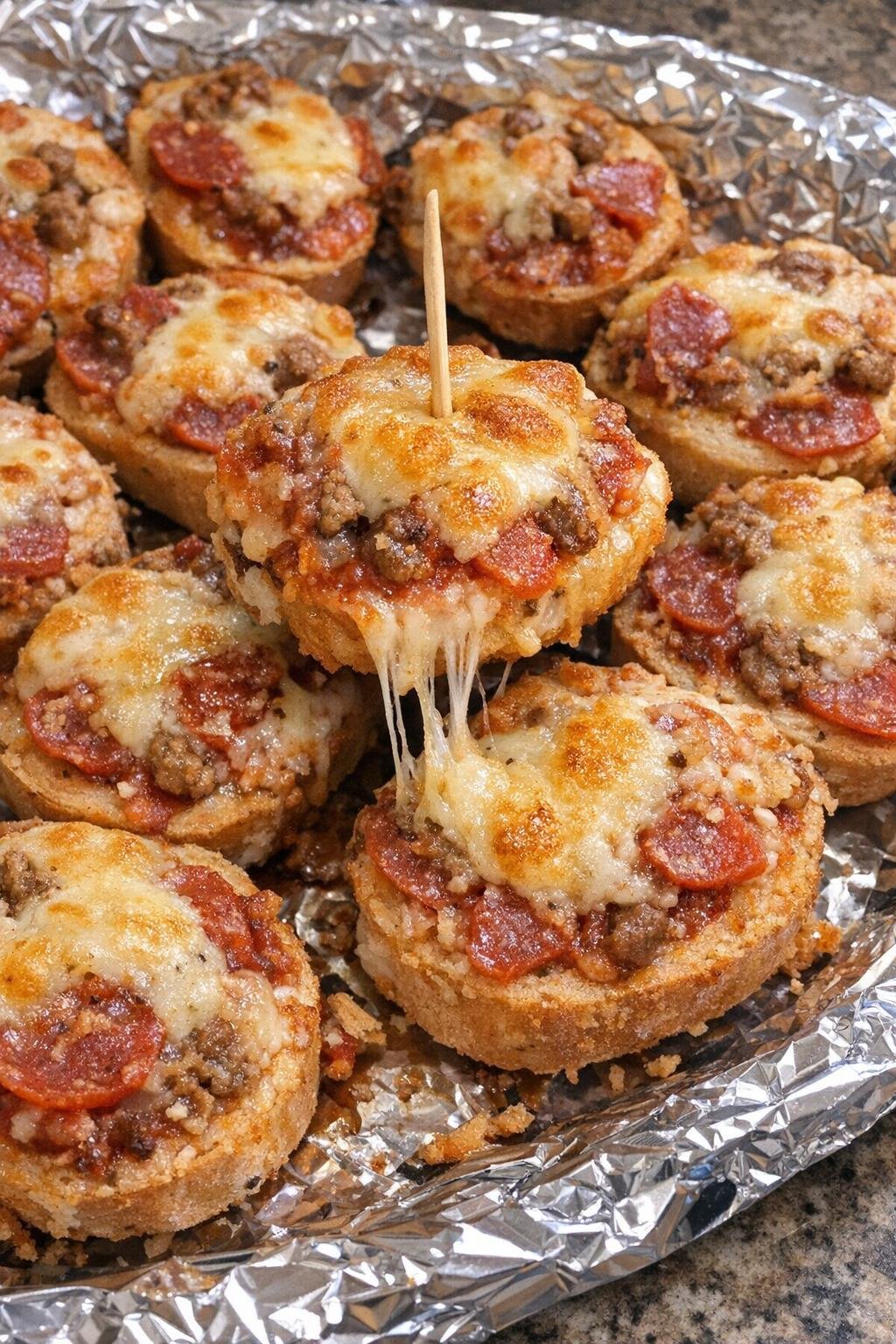 4-ingredient pizza kessler bites on a foil-lined platter