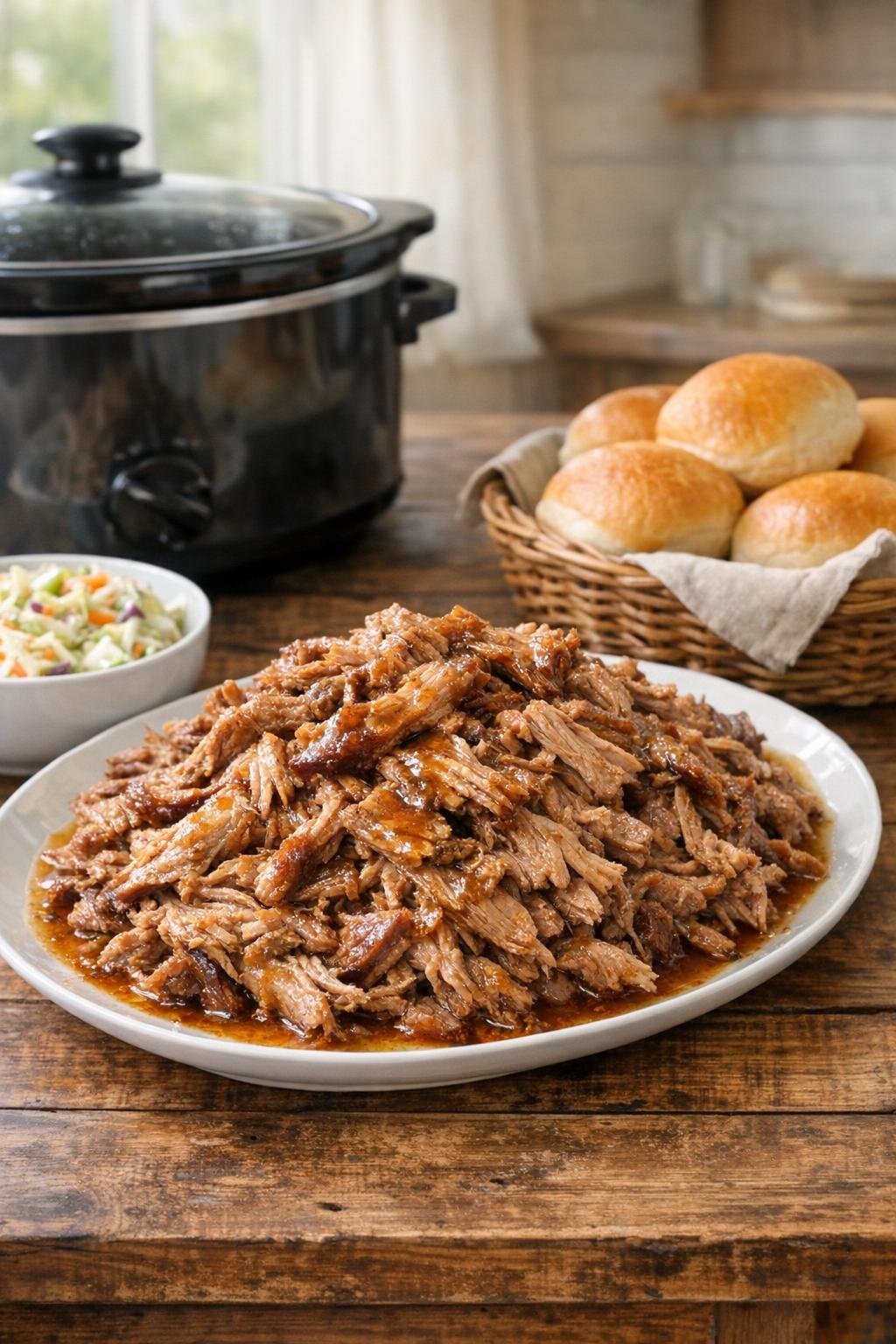 Finished slow cooker pulled pork on a serving platter