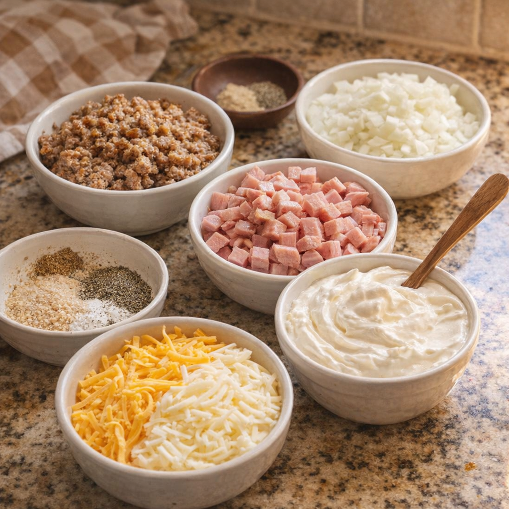Small bowls of mix-in ideas for customizing the potato bake