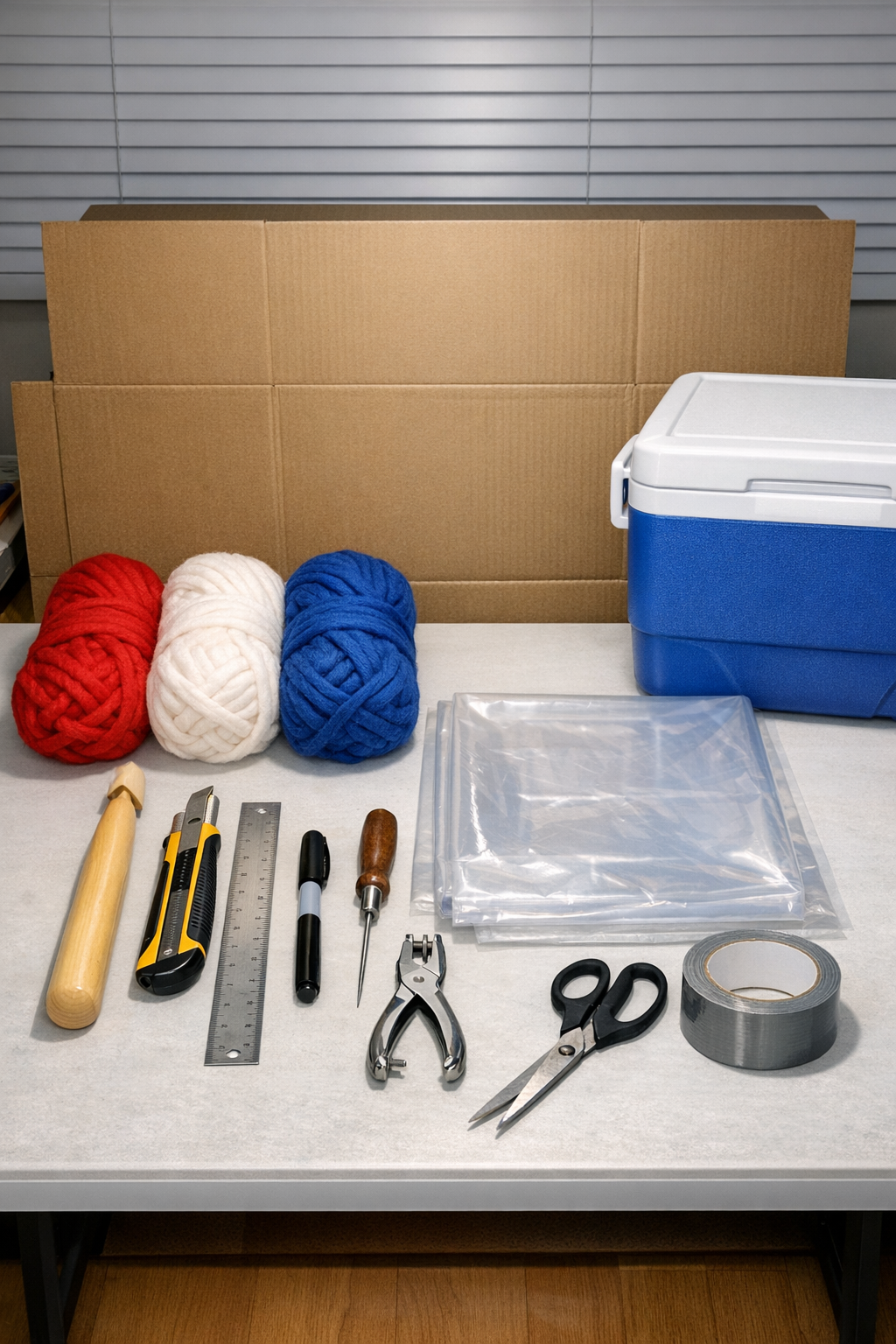Materials for a crocheted patriotic cooler cover laid out neatly