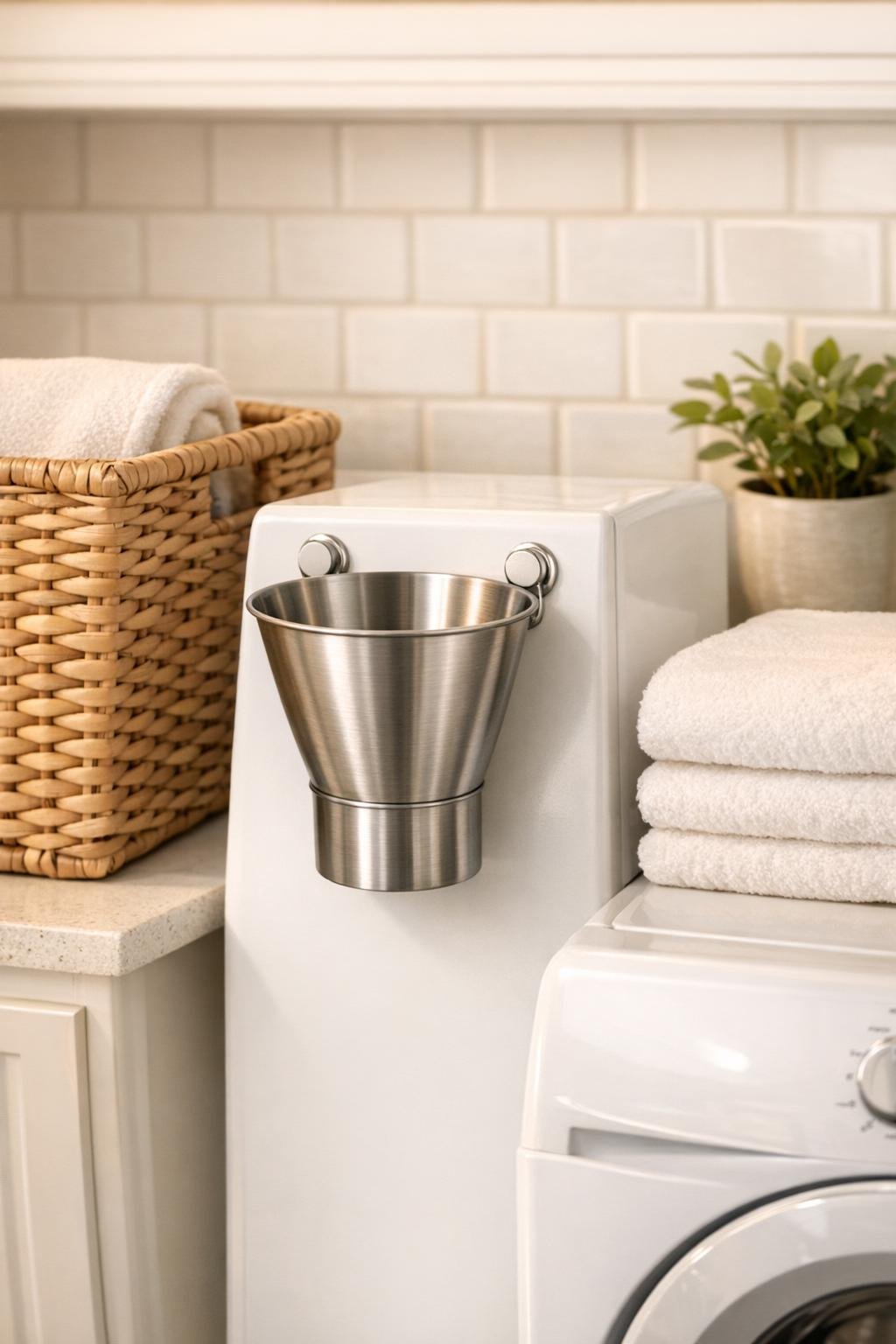 Finished magnetic laundry room lint bin on the side of a dryer