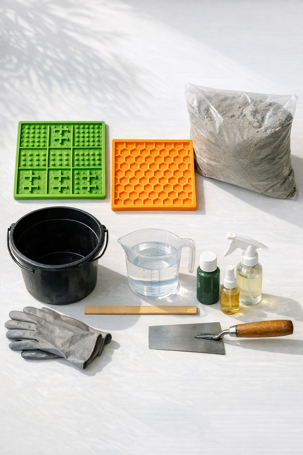 Materials for making two textured cement garden tiles laid out neatly