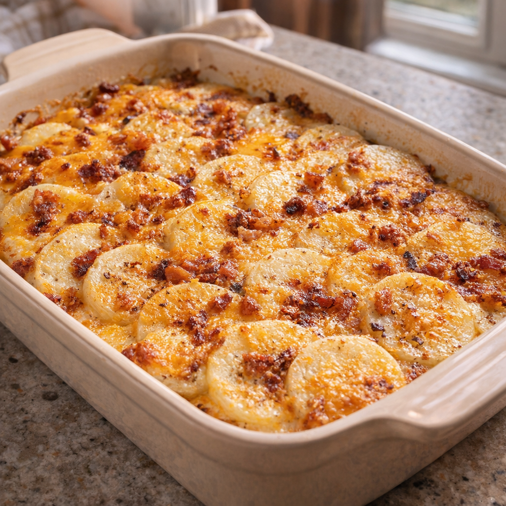 Potato casserole variation with bacon and extra-sharp cheddar