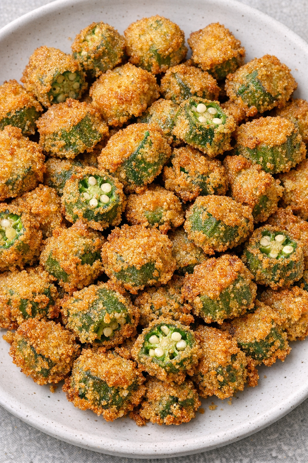 Southern 4-ingredient crispy fried okra on a white ceramic plate