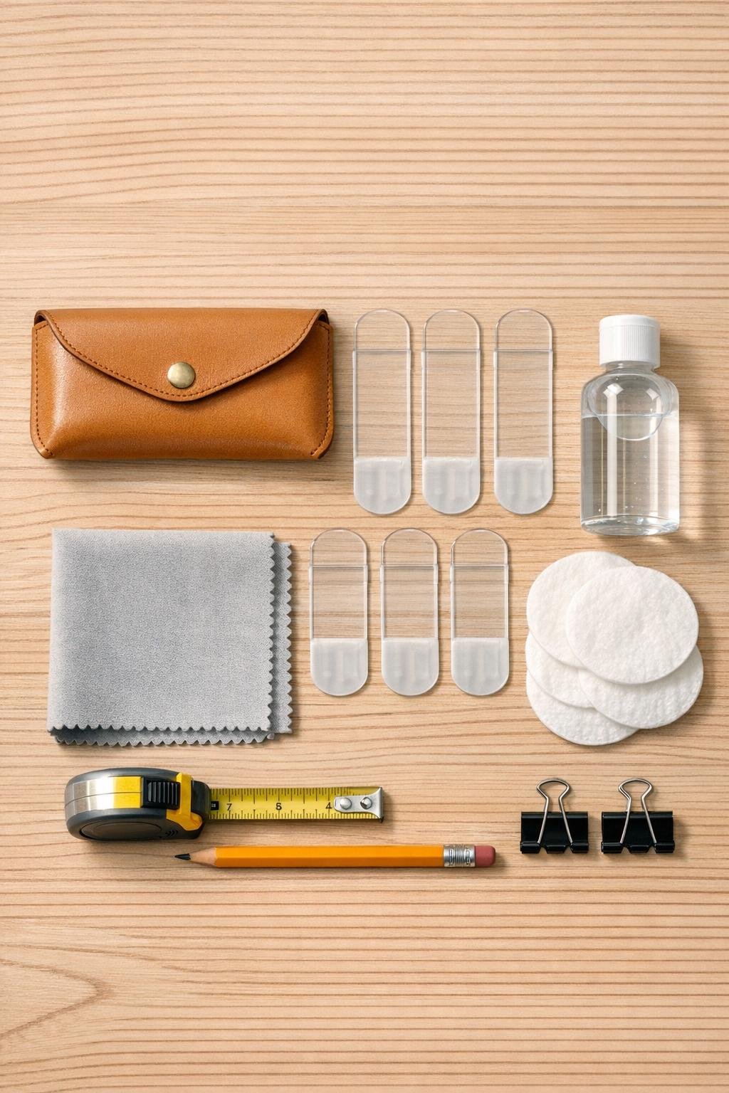 Materials for a couch-mounted leather remote caddy laid out neatly