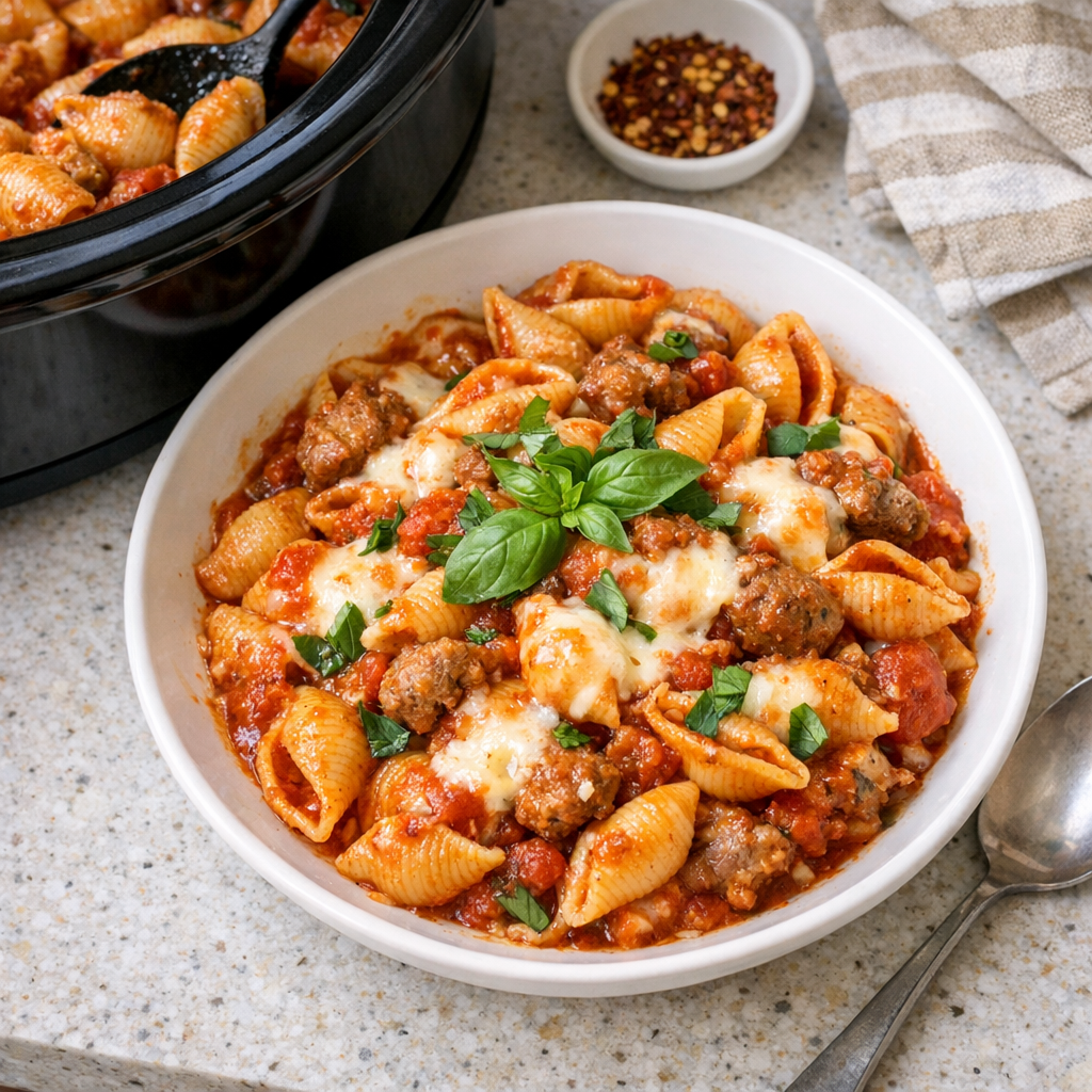 Finished plated conchiglie pasta in rich tomato sauce