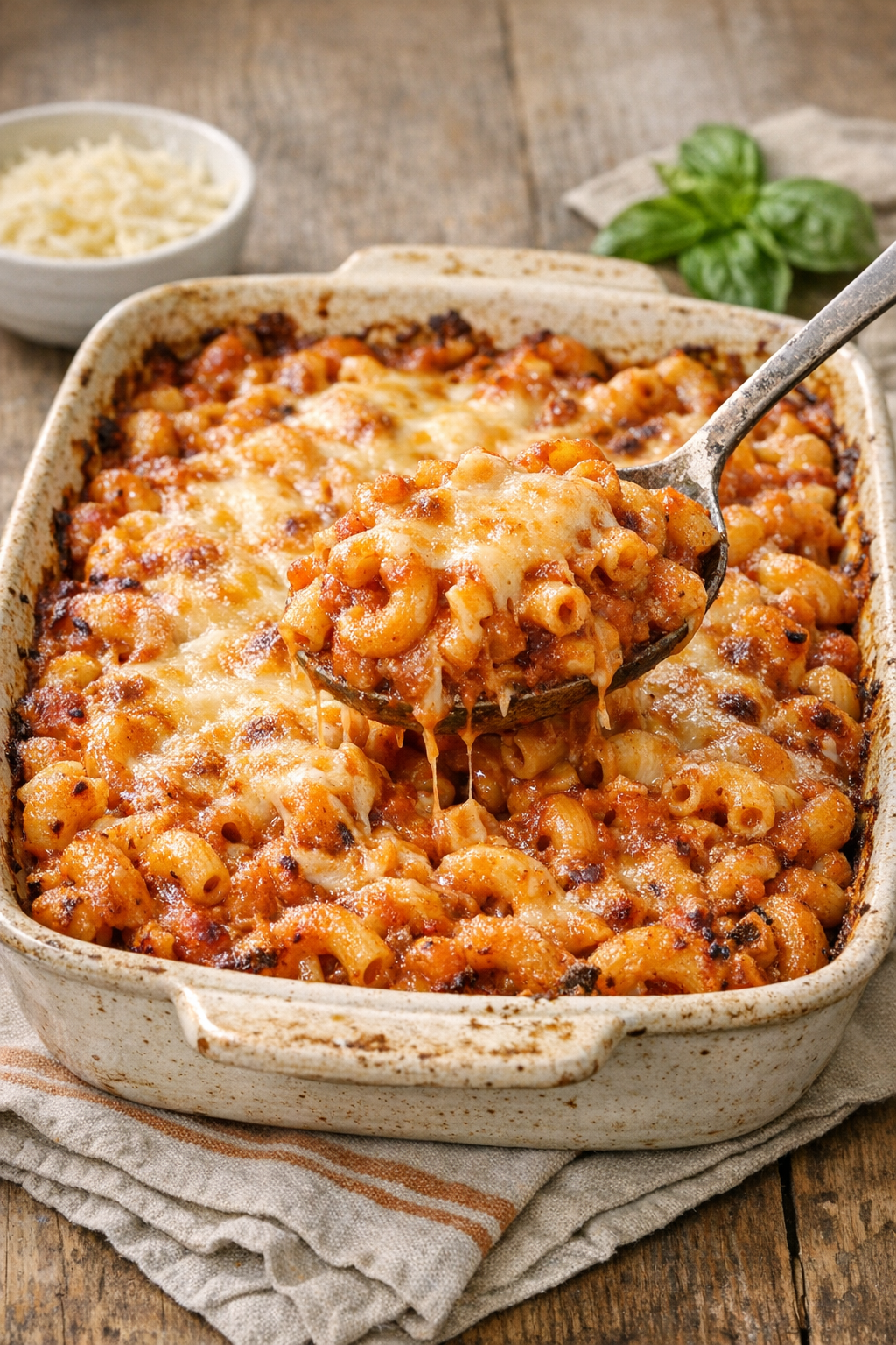 Finished baked roasted tomato garlic macaroni in a rustic baking dish