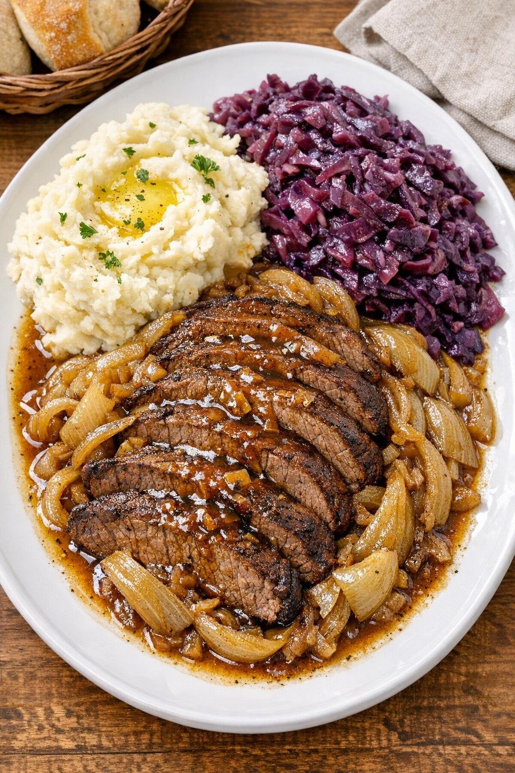 Finished slow cooker Oktoberfest beef roast plated with pan juices