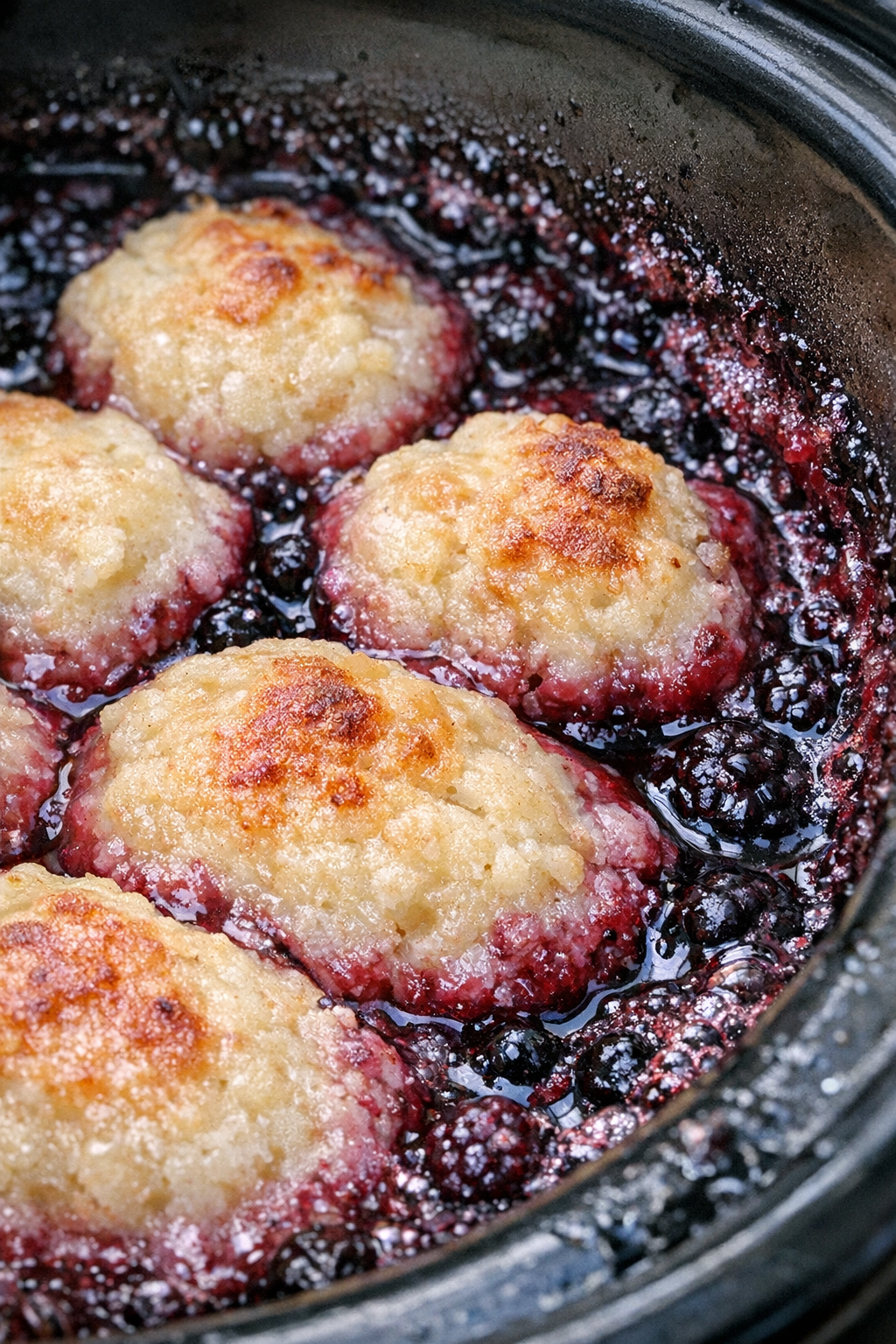 Sweet slow cooker dessert with dark fruit sauce and pale dumplings