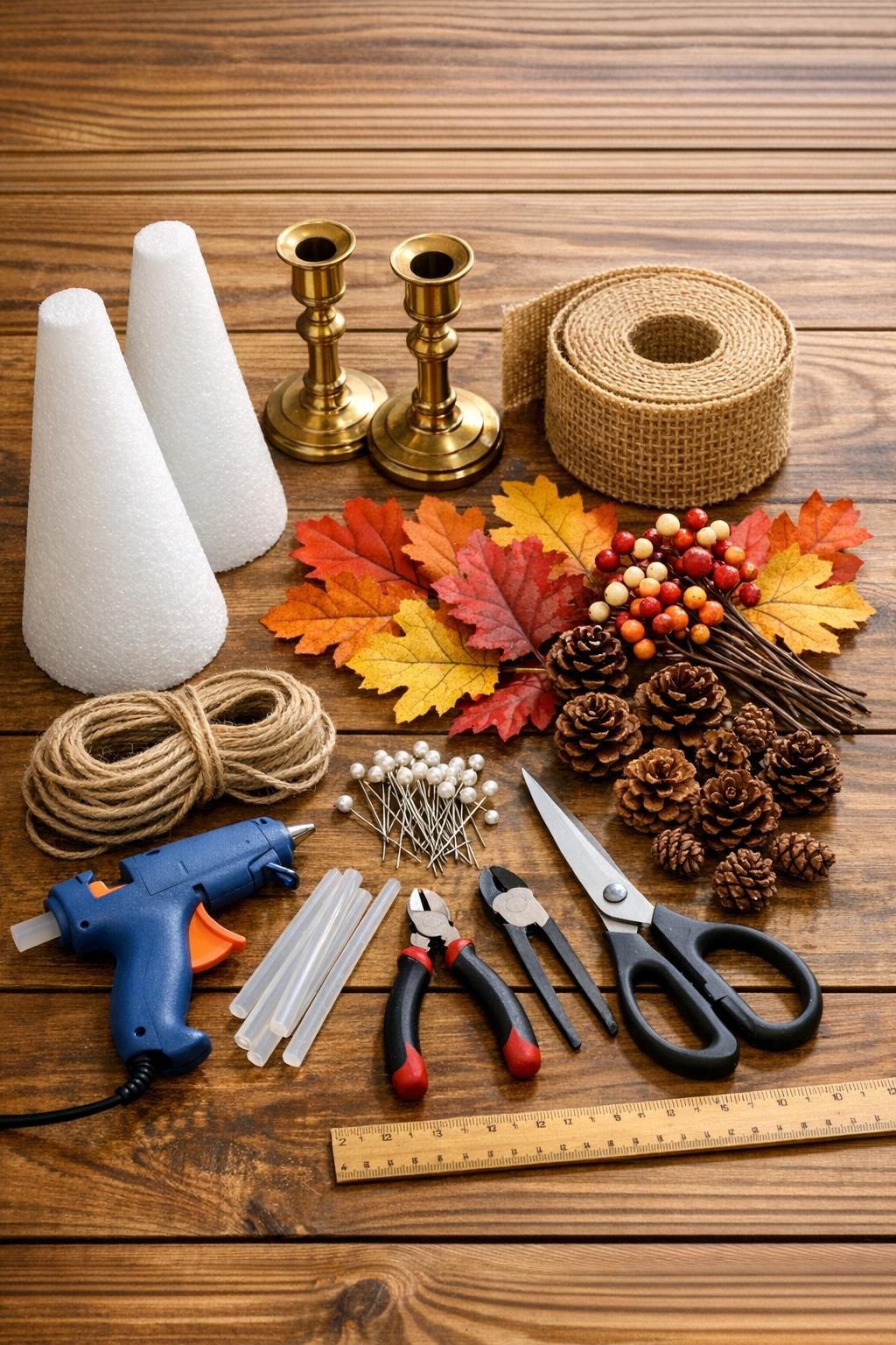 Materials for making two burlap cone topiaries on brass candlesticks