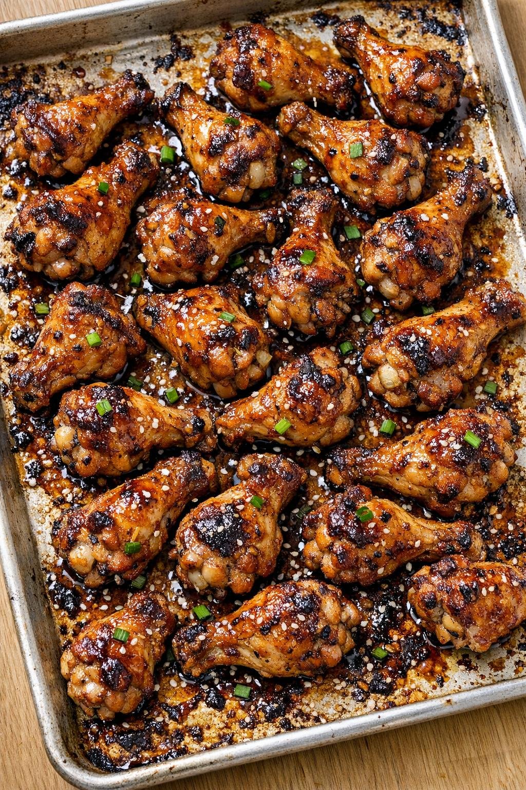 Finished baked party drumettes on a sheet pan