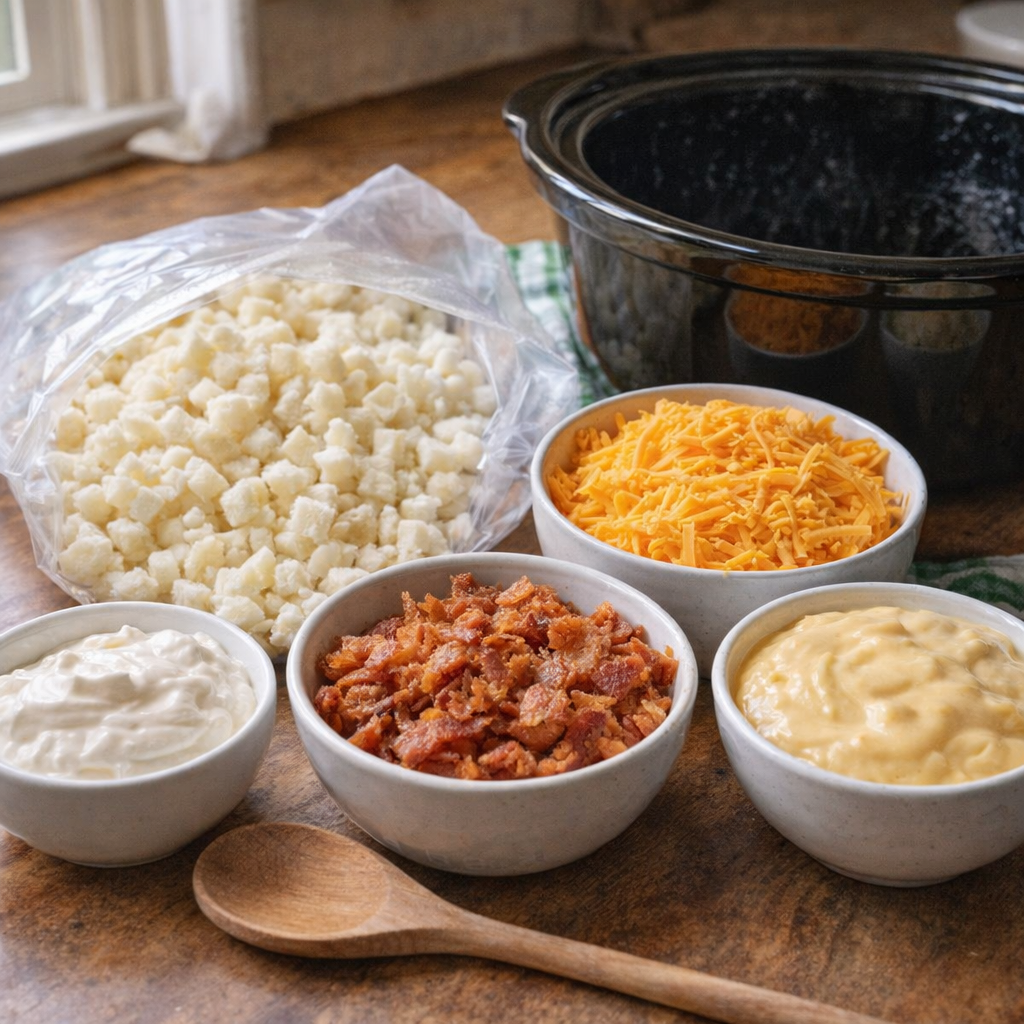 Ingredients for potato casserole laid out on a kitchen counter