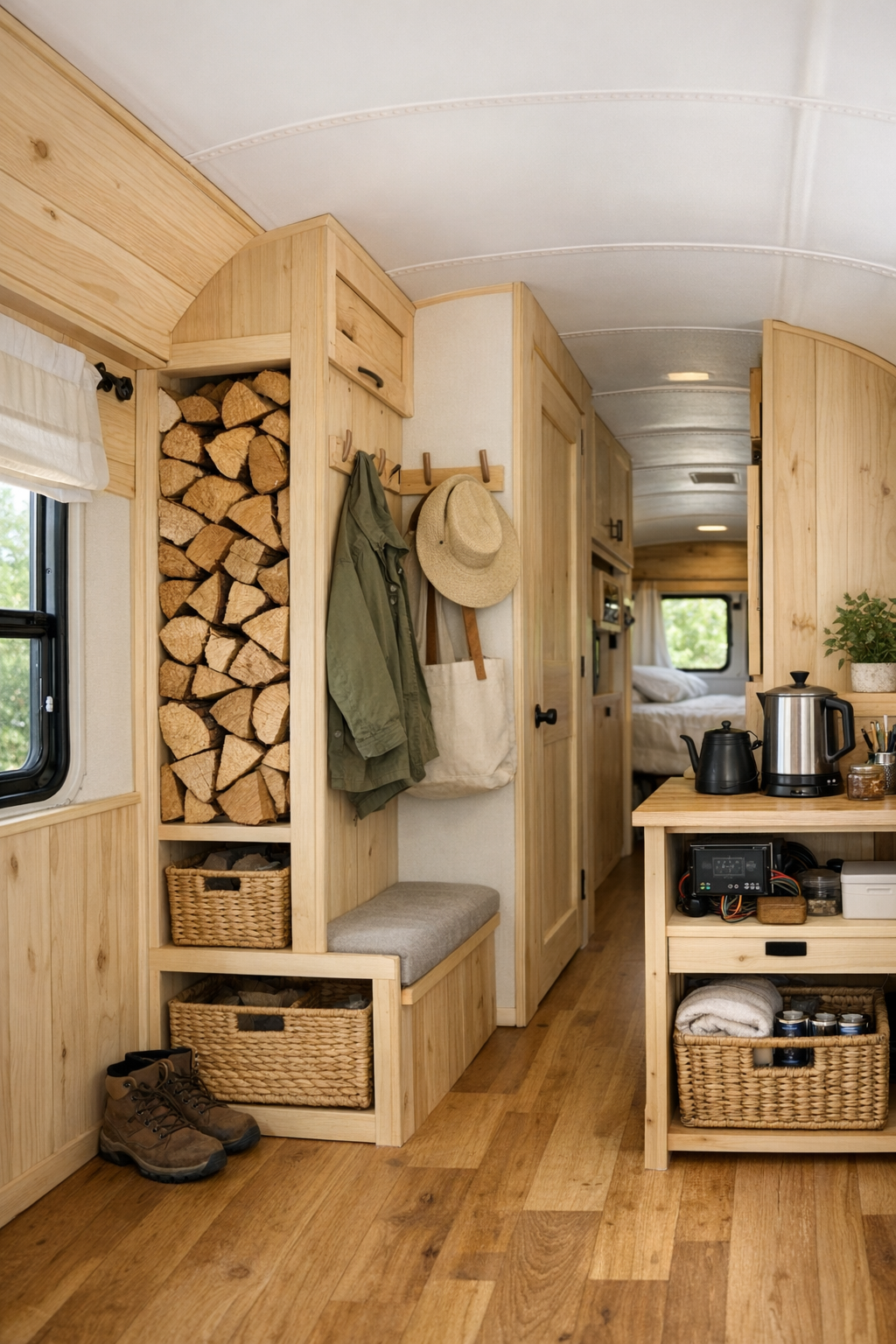 Thoughtful hallway and utility area in a converted bus with built-in storage, hooks, and a small work corner