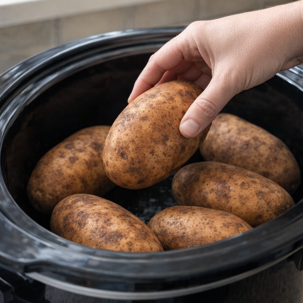 Hand placing whole potatoes into a slow cooker