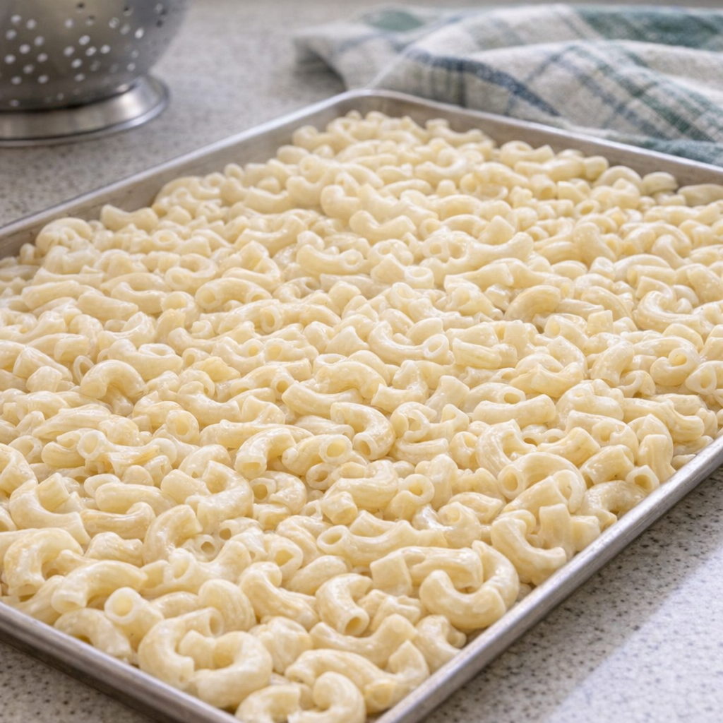 Cooked macaroni cooling on a sheet pan